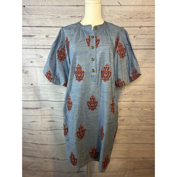 Boho A Loves A Embroidered Chambray Balloon Sleeve Button Front Dress XS NWT